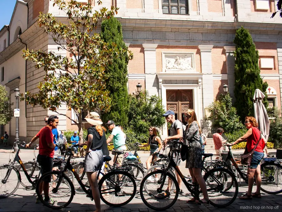 Cyclists riding through Retiro Park on the Madrid bike tour