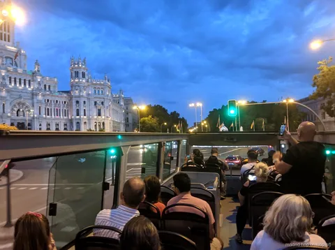 Open-top double-decker bus on the Madrid night tour route