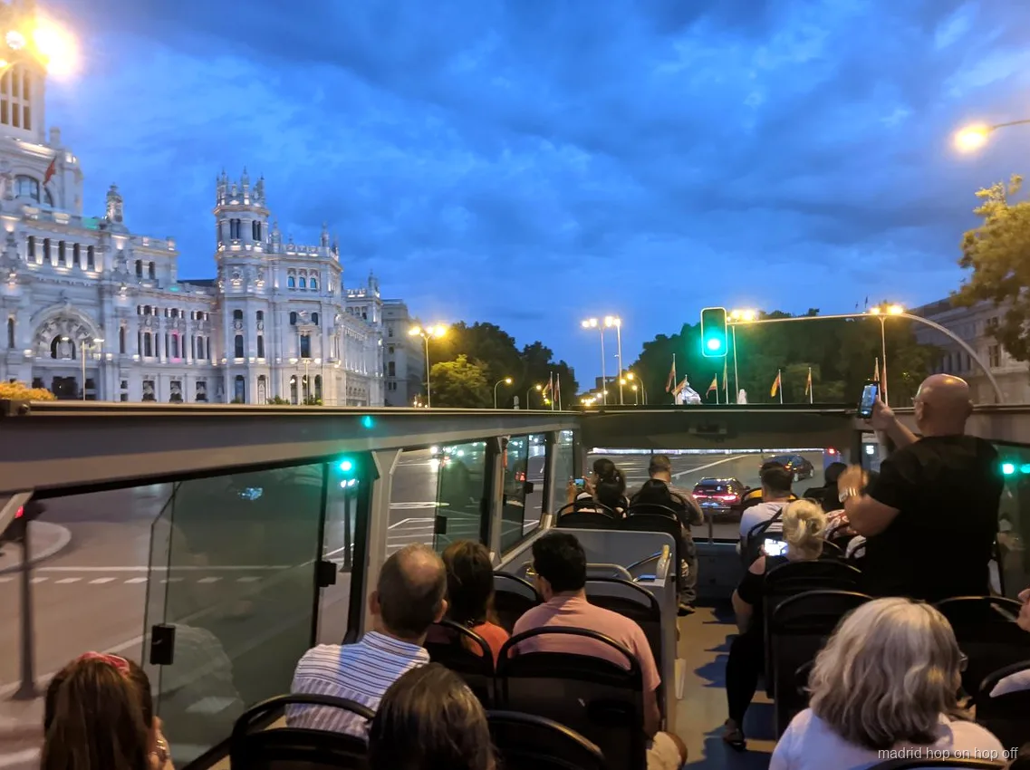 Open-top double-decker bus on the Madrid night tour route